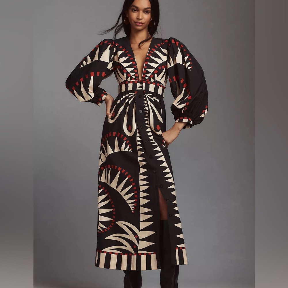 FARM Rio Black and Cream Long Sleeve Dress